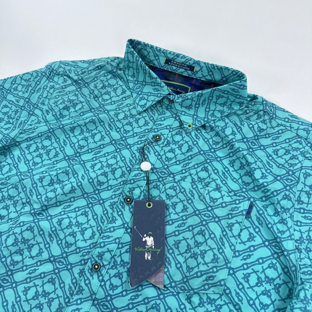 William Murray Mens Golf Shirt Large NWT Nautical Rope Knot Button Down Aqua
